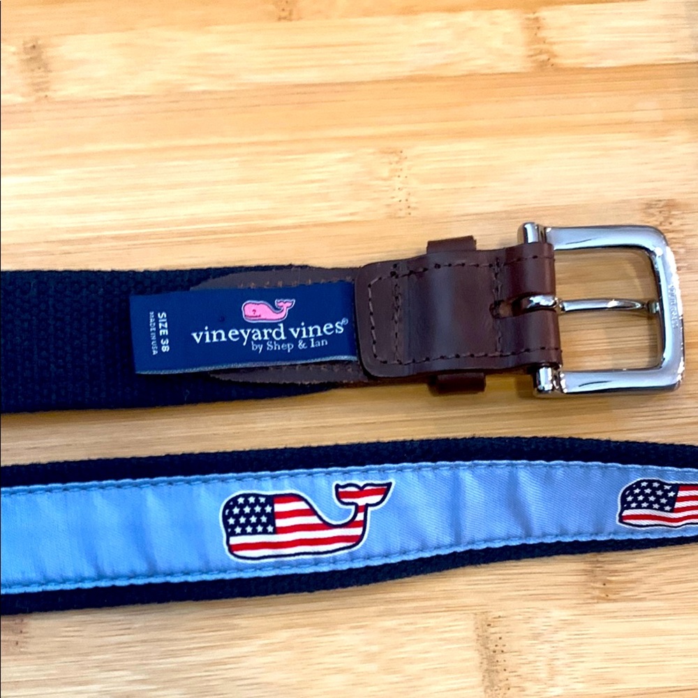 EUC vineyard vines logo flag whale 
Blue belt 38 (it is more like 36)